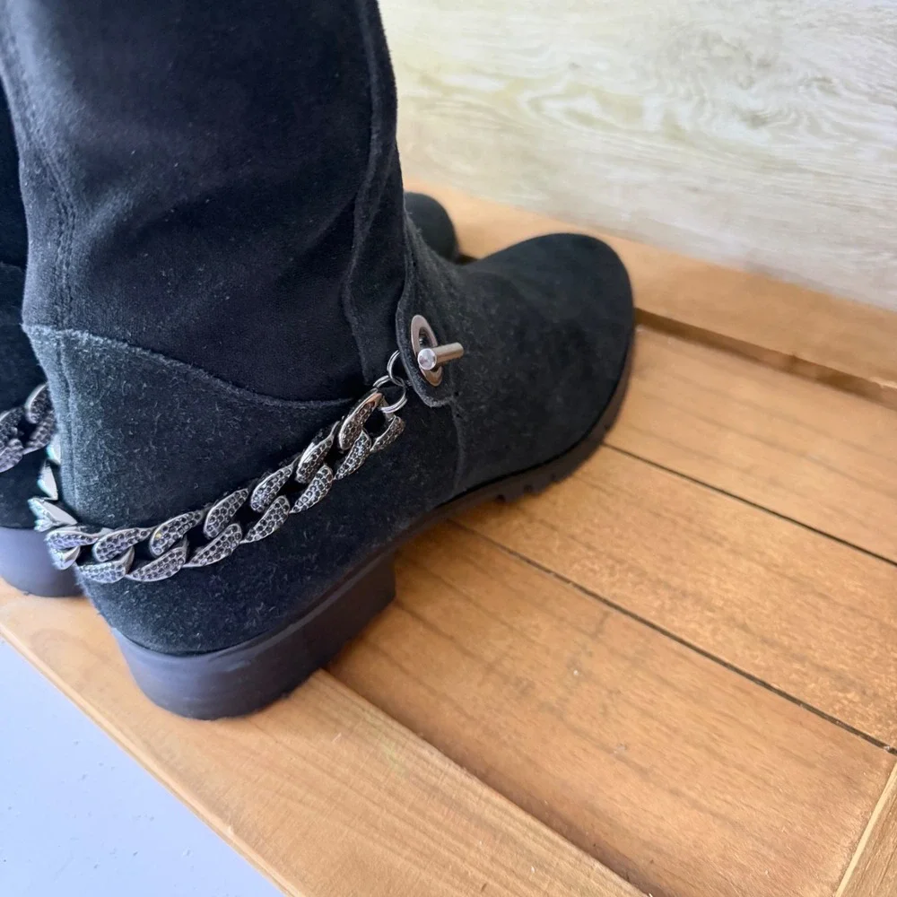 Karl Lagerfeld Paris Black Suede Knee High Chain Detail Boots Lug Sole Size 7.5